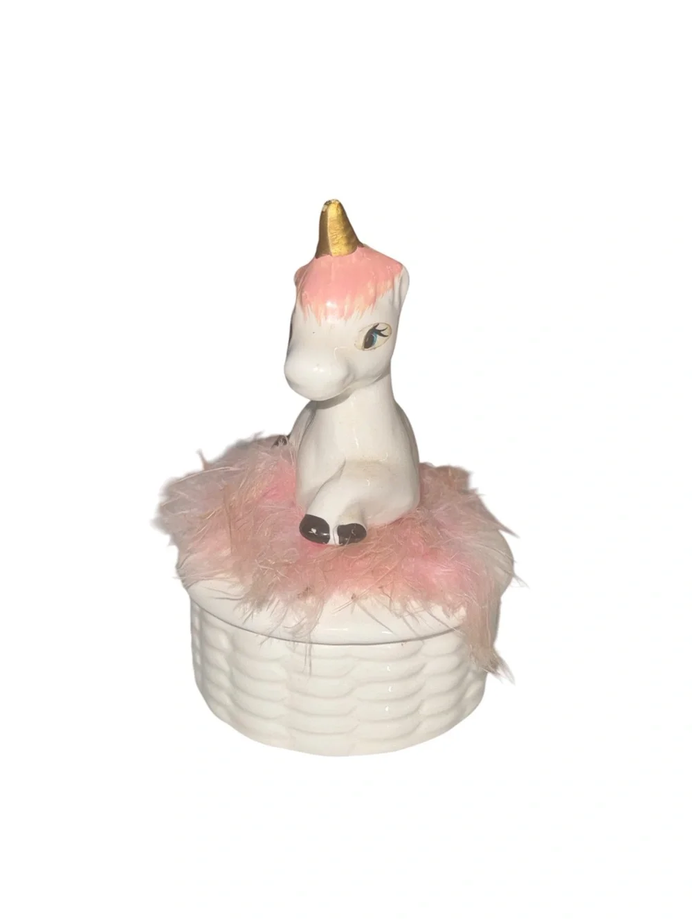 Vintage Ceramic Unicorn Trinket Box | Pink Feather Trim | Whimsical Vanity Decor